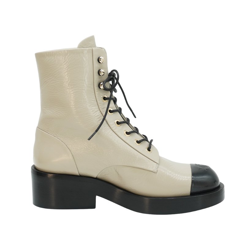 Chanel 亮面牛皮黑灰拚色綁帶中筒靴 #37.5-3