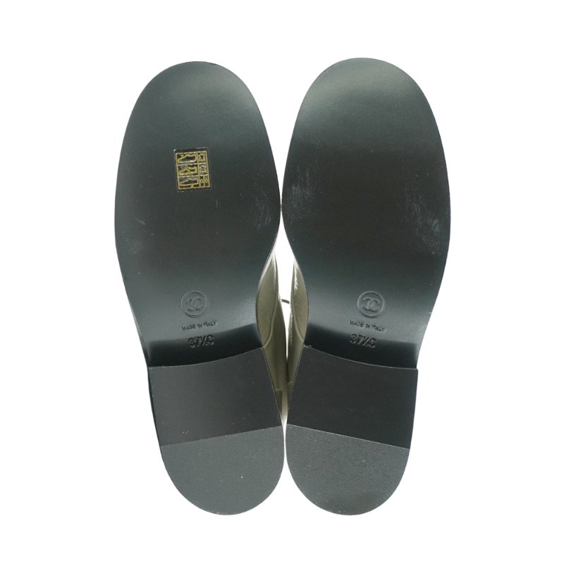 Chanel 亮面牛皮黑灰拚色綁帶中筒靴 #37.5-5