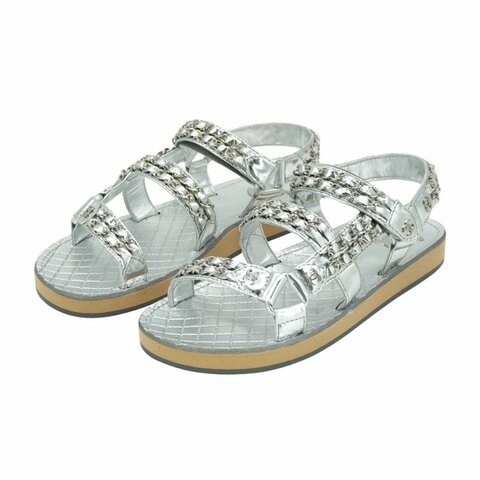 Chanel 展示品 CC Chain Dad Sandals 鍊帶皮革平底涼鞋#37.5(銀)