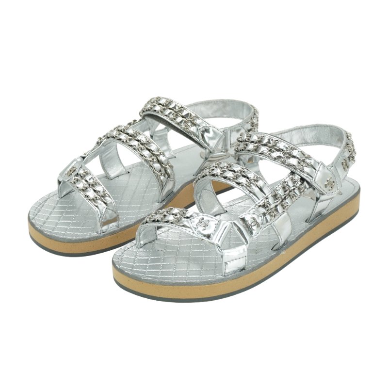 Chanel 展示品 CC Chain Dad Sandals 鍊帶皮革平底涼鞋#37.5(銀)-0