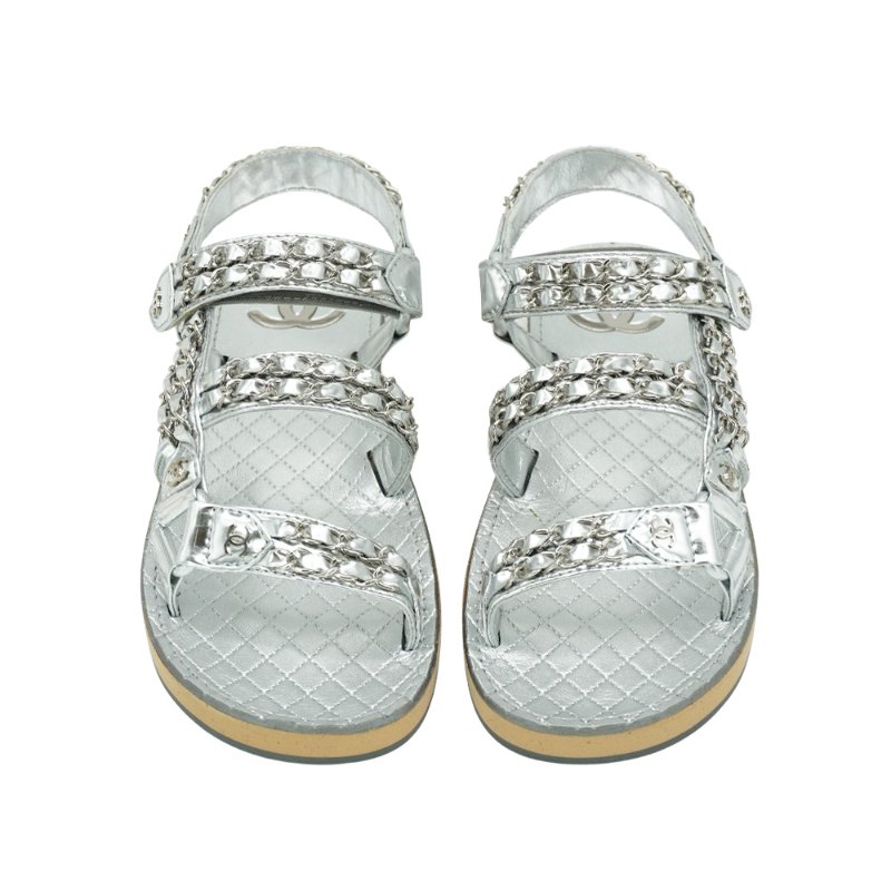 Chanel 展示品 CC Chain Dad Sandals 鍊帶皮革平底涼鞋#37.5(銀)-1