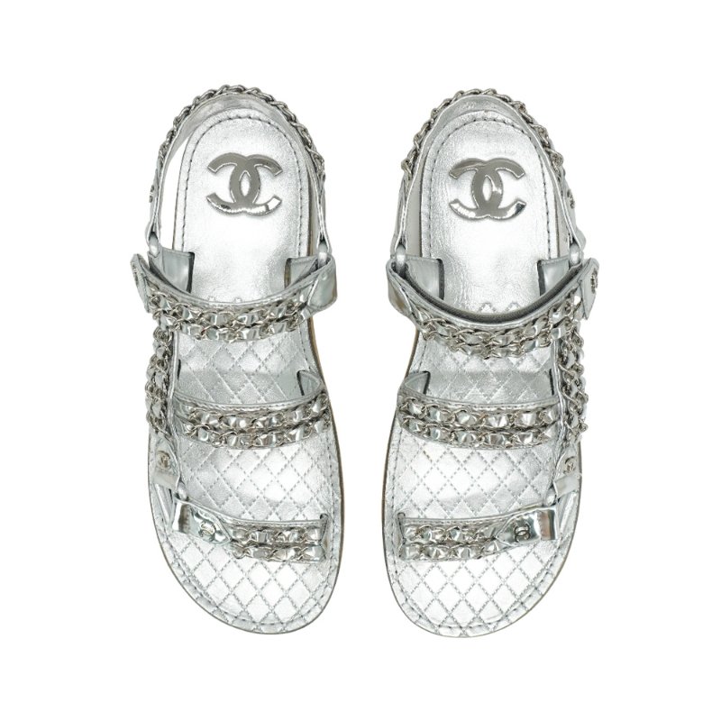Chanel 展示品 CC Chain Dad Sandals 鍊帶皮革平底涼鞋#37.5(銀)-2