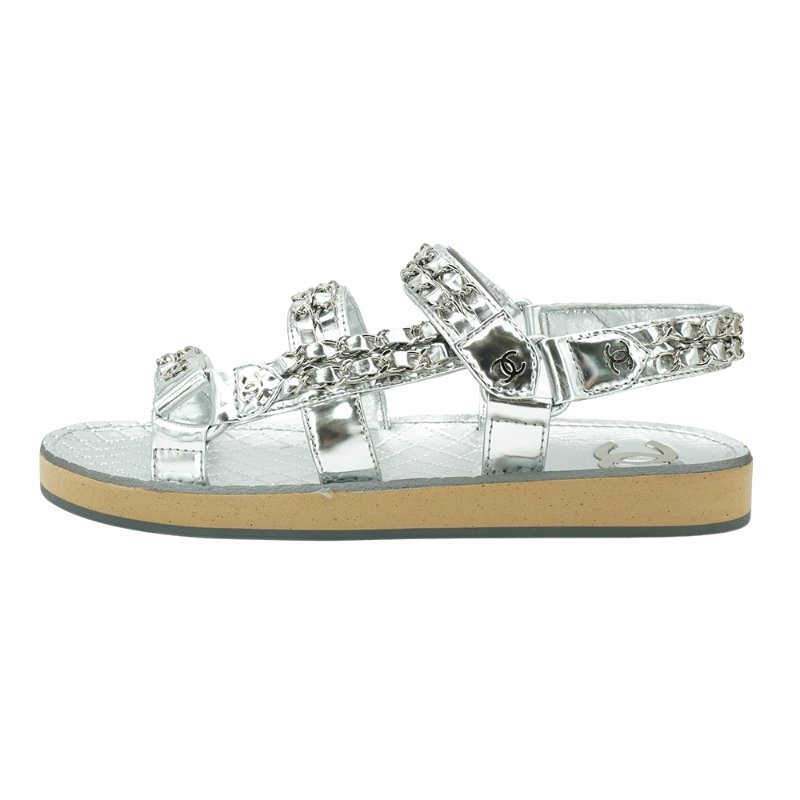Chanel 展示品 CC Chain Dad Sandals 鍊帶皮革平底涼鞋#37.5(銀)-4