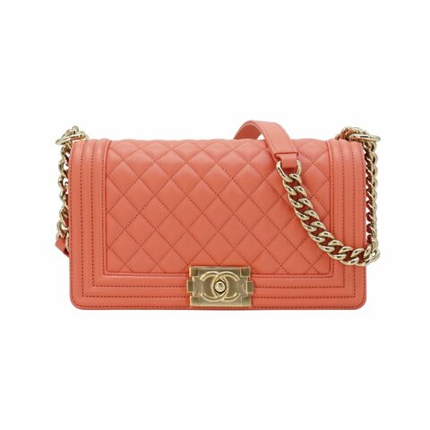 Chanel 展示品 Boy 菱格紋粒紋牛皮淡金釦斜背包-25cm(A67086-粉橘)
