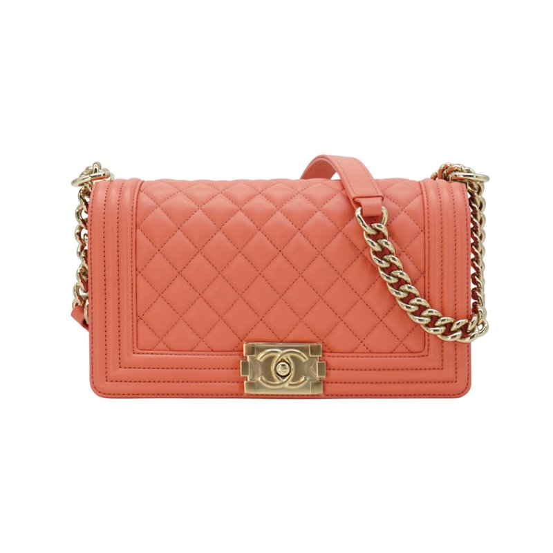 Chanel 展示品 Boy 菱格紋粒紋牛皮淡金釦斜背包-25cm(A67086-粉橘)-0