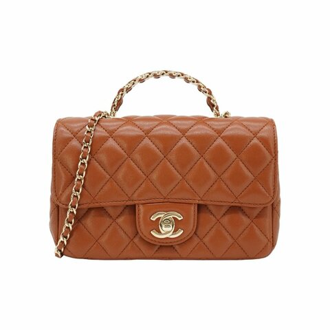 Chanel 展示品 Handle 20 菱格羊皮水鑽手把淡金鍊斜背包(焦糖色)