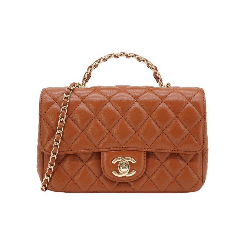 Chanel 展示品 Handle 20 菱格羊皮水鑽手把淡金鍊斜背包(焦糖色)-0