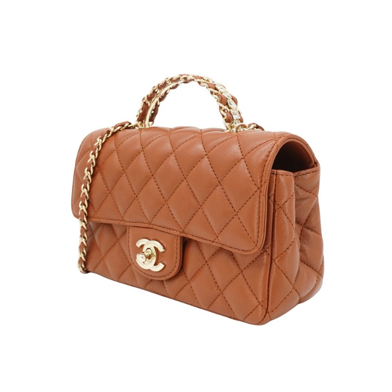 Chanel 展示品 Handle 20 菱格羊皮水鑽手把淡金鍊斜背包(焦糖色)-1