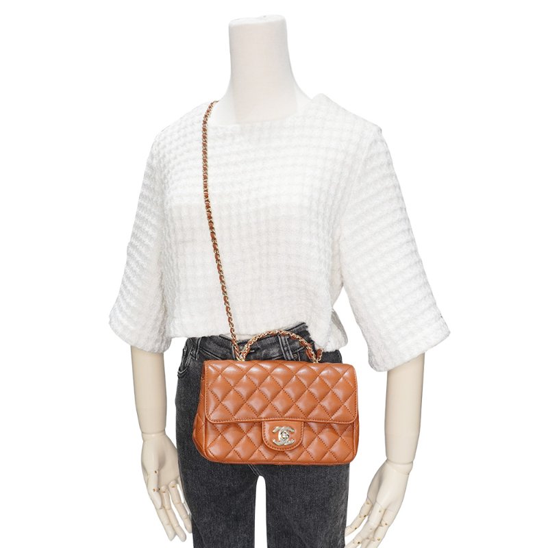 Chanel 展示品 Handle 20 菱格羊皮水鑽手把淡金鍊斜背包(焦糖色)-5