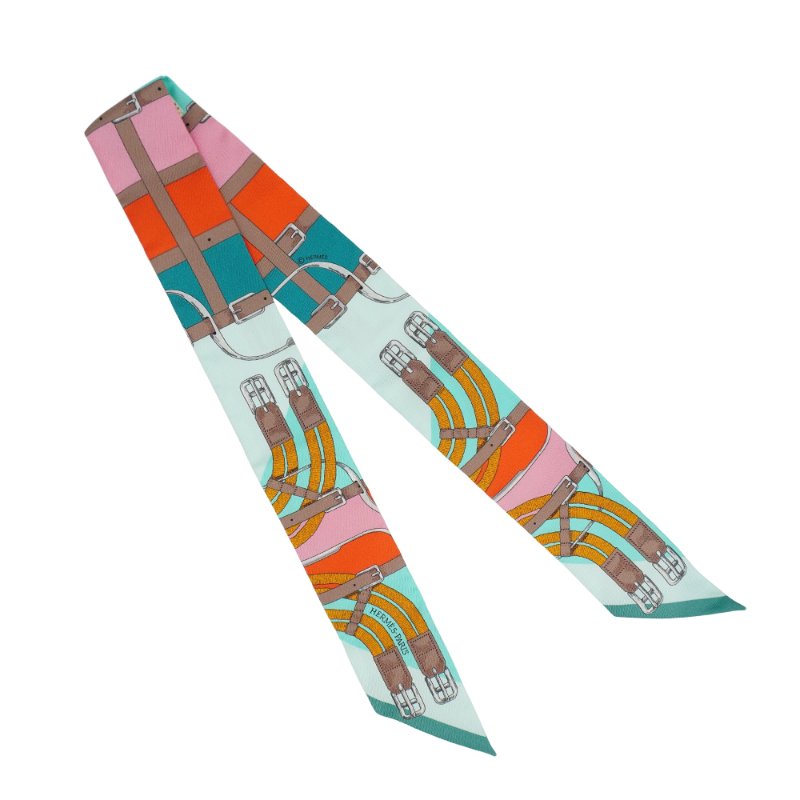 Hermes Mors A Jouets 釦環圖騰 Twilly 絲巾(湖水綠/橘/粉)-0