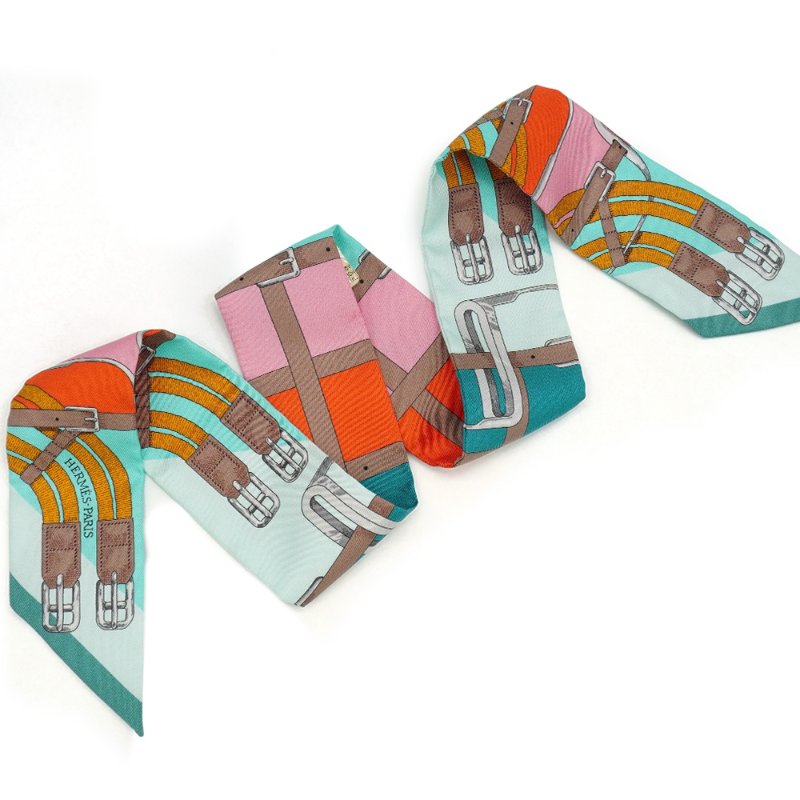 Hermes Mors A Jouets 釦環圖騰 Twilly 絲巾(湖水綠/橘/粉)-2