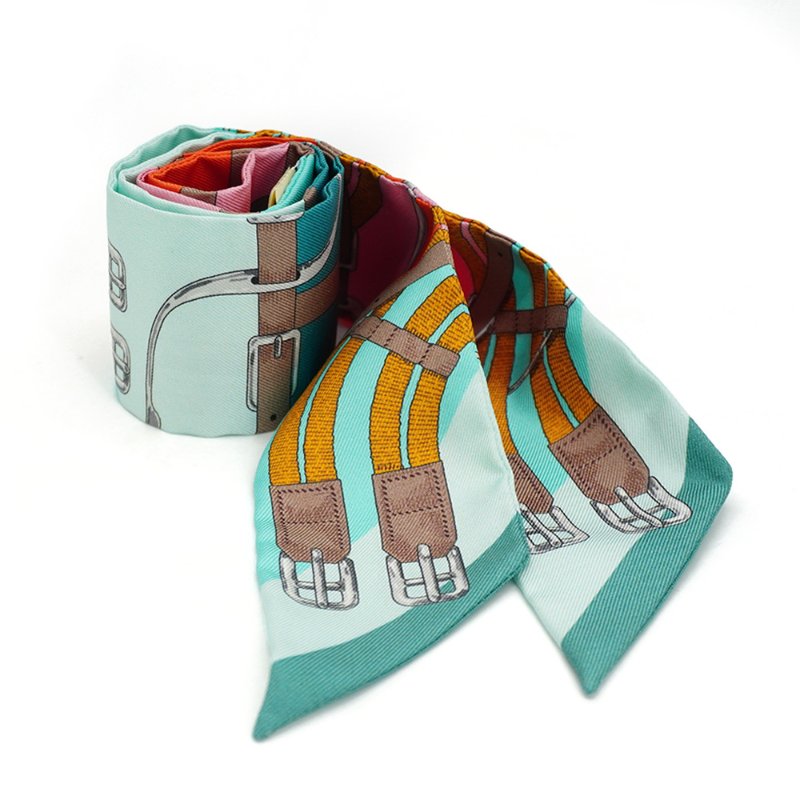 Hermes Mors A Jouets 釦環圖騰 Twilly 絲巾(湖水綠/橘/粉)-4