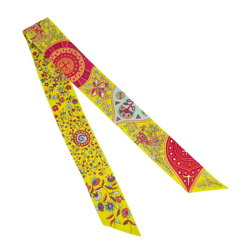 Hermes 黃底花草動物園 Twilly 絲巾(螢光黃/藍/紅)-0