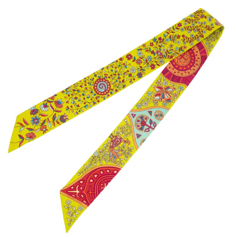 Hermes 黃底花草動物園 Twilly 絲巾(螢光黃/藍/紅)-2