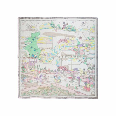 Hermes Locomotion 喀什米爾玩具馬印花混絲披巾/大方巾-140cm(自然色/綠色/黃色)