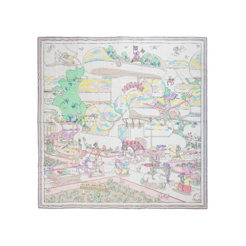 Hermes Locomotion 喀什米爾玩具馬印花混絲披巾/大方巾-140cm(自然色/綠色/黃色)-0