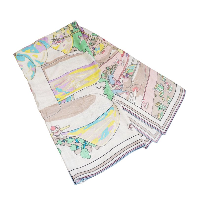 Hermes Locomotion 喀什米爾玩具馬印花混絲披巾/大方巾-140cm(自然色/綠色/黃色)-1