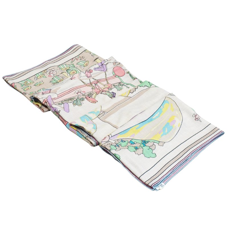 Hermes Locomotion 喀什米爾玩具馬印花混絲披巾/大方巾-140cm(自然色/綠色/黃色)-2