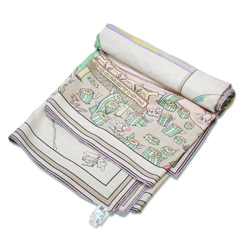 Hermes Locomotion 喀什米爾玩具馬印花混絲披巾/大方巾-140cm(自然色/綠色/黃色)-3