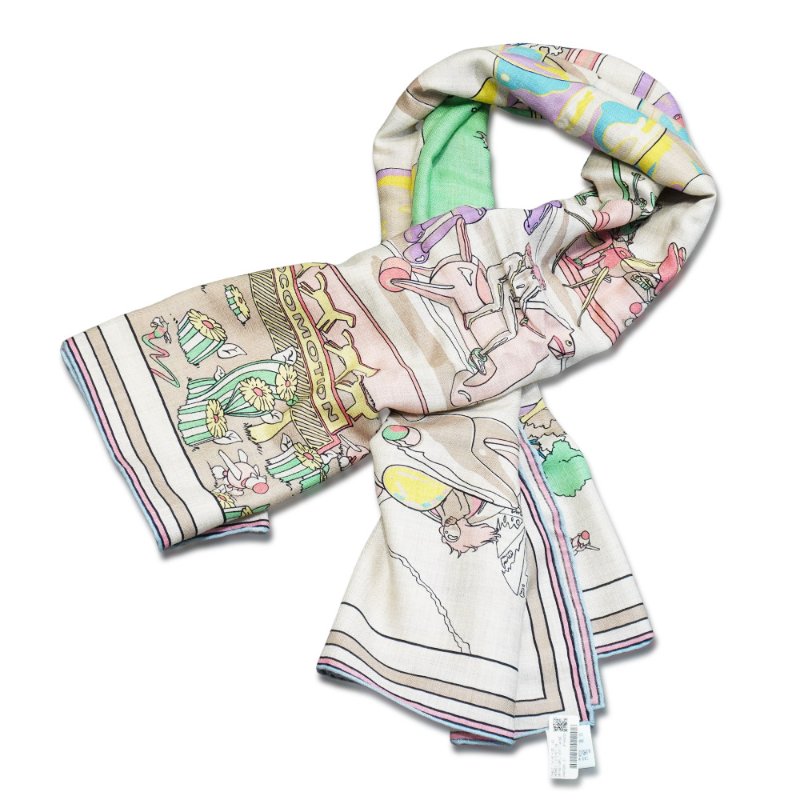 Hermes Locomotion 喀什米爾玩具馬印花混絲披巾/大方巾-140cm(自然色/綠色/黃色)-4