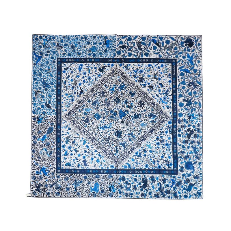 Hermes 喀什米爾異國動植物印花混絲披巾/大方巾-140cm(藍)-0