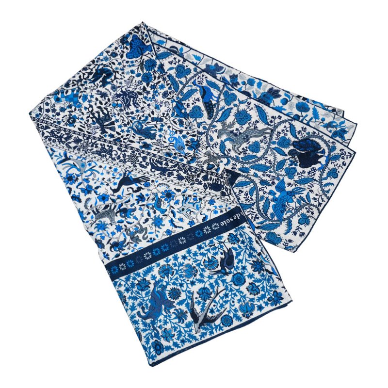 Hermes 喀什米爾異國動植物印花混絲披巾/大方巾-140cm(藍)-1