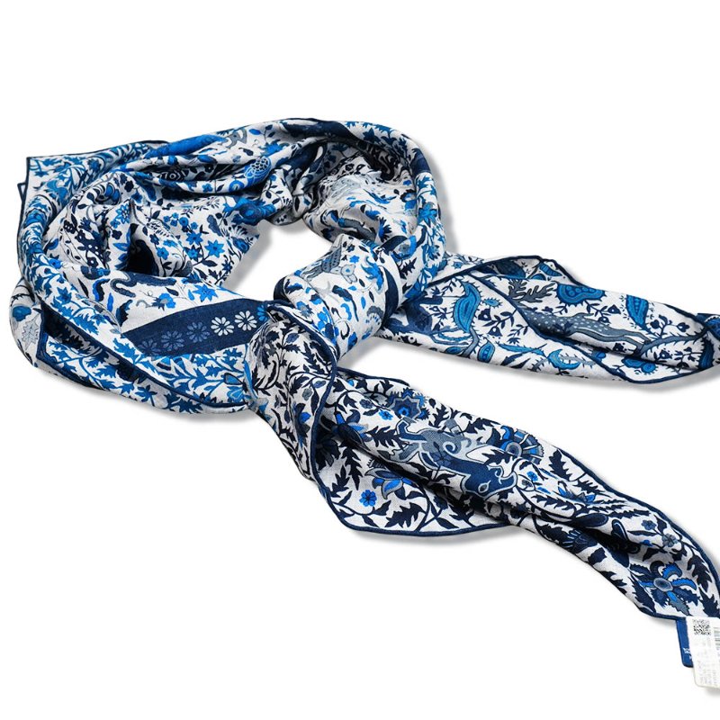 Hermes 喀什米爾異國動植物印花混絲披巾/大方巾-140cm(藍)-2