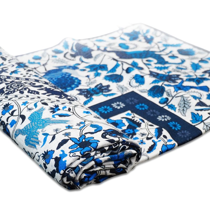 Hermes 喀什米爾異國動植物印花混絲披巾/大方巾-140cm(藍)-4