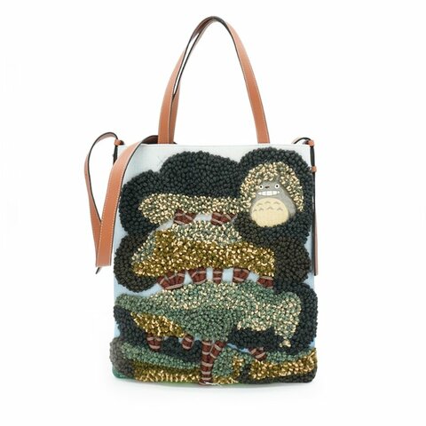 Loewe x Totorol 展示品 龍貓神樹針織小牛皮拼接二用包(焦糖色)