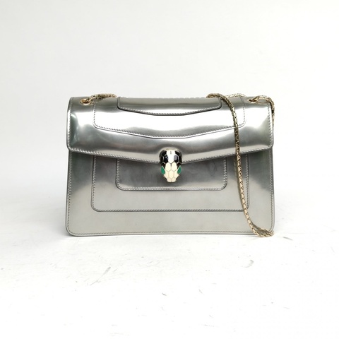 BVLGARI SerpentiForever風琴蛇頭包橫版無手柄銀色牛皮