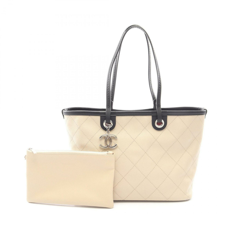 香奈兒 On the Road 狂野縫線托特包手提包 小牛皮 女士 米色/黑色 A92211-0