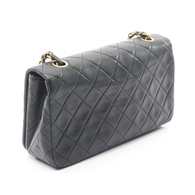 香奈兒全蓋絎縫鏈條斜背單肩包,羊皮材質,黑色,二手,金色五金-1