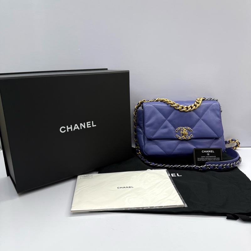 CHANEL 香奈兒 紫色CHANEL19 金銀雙色鏈斜背包 AS1160-2