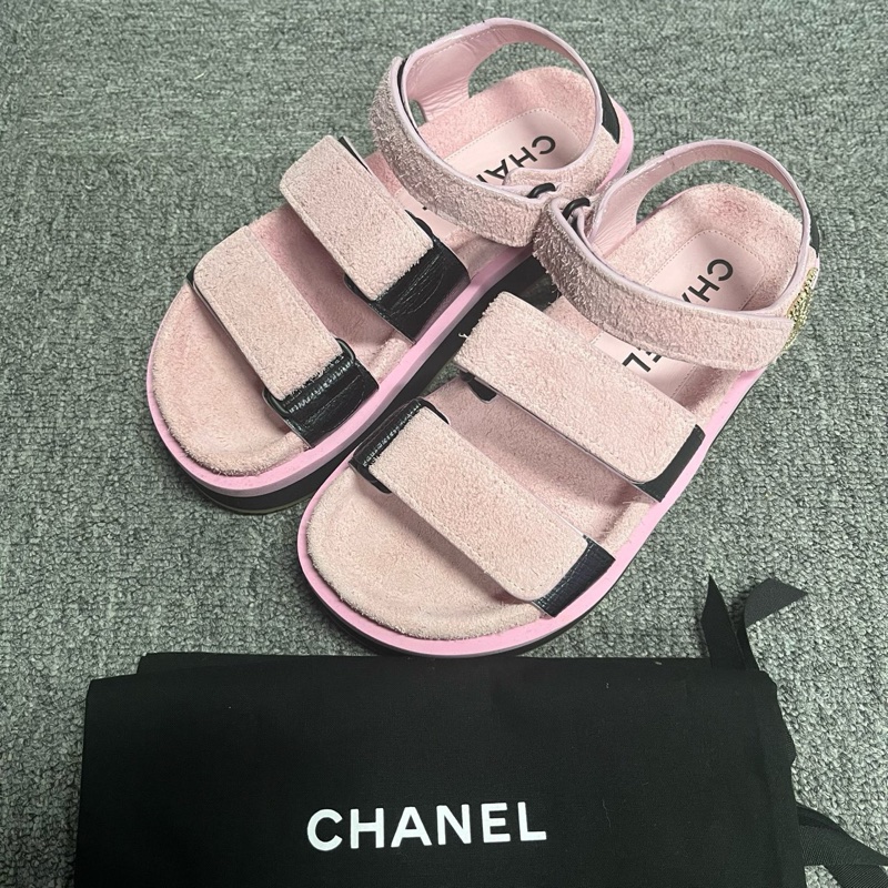 閒置未使用 chanel香奈兒粉色純色魔術貼涼鞋 Size:36 附件：帶塵袋-0