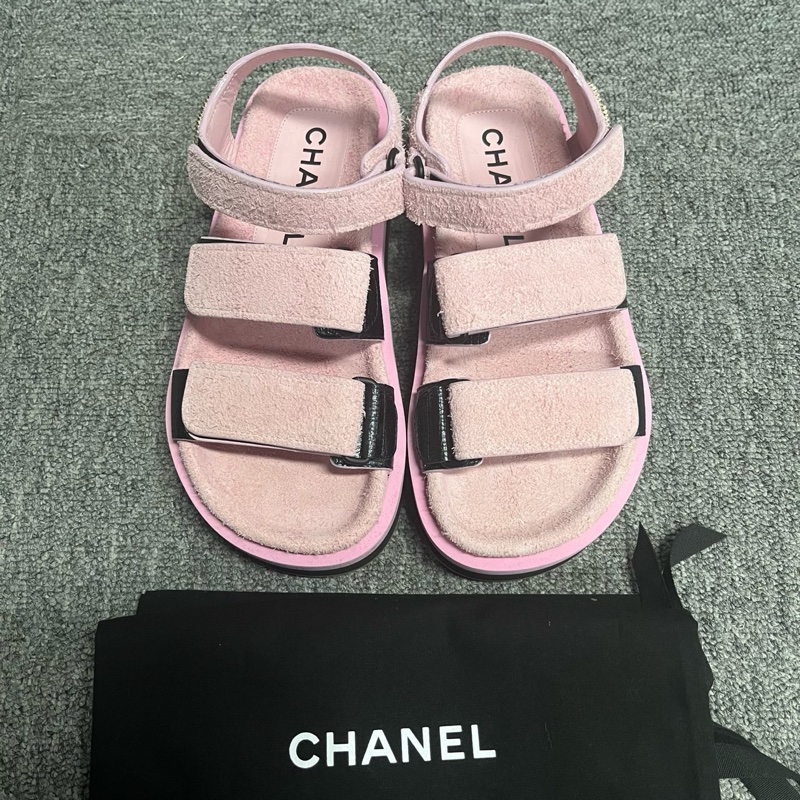 閒置未使用 chanel香奈兒粉色純色魔術貼涼鞋 Size:36 附件：帶塵袋-1