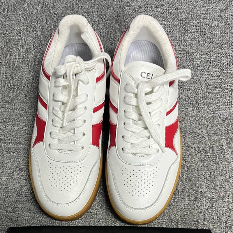 閒置未使用 celine賽琳白紅色皮革低幫系帶板鞋 Size:36 附件：塵袋-1