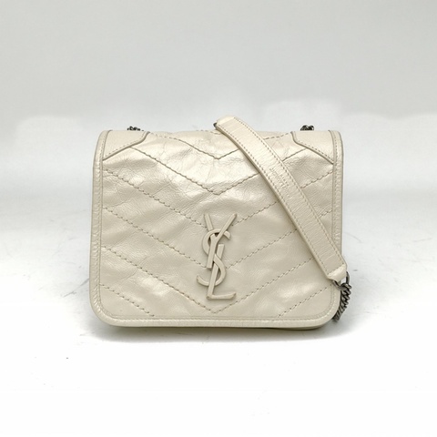 SAINT LAURENT NikiWoc褶皺絎縫米白色牛皮白扣