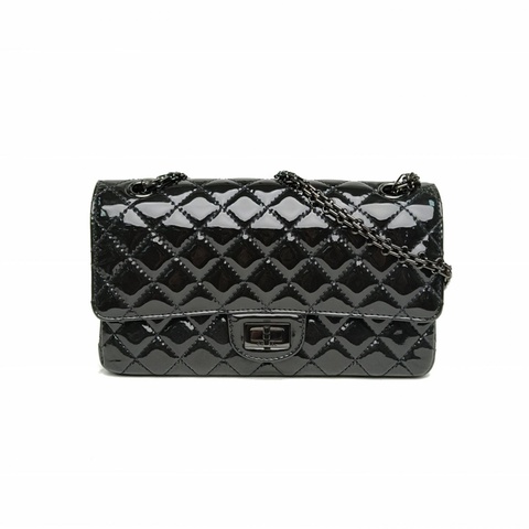 CHANEL 2.55口蓋包小號黑色漆皮29開黑扣