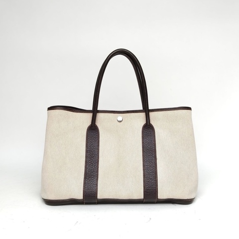 HERMES 花園包36烏木色NEGONA皮/帆布框H銀扣