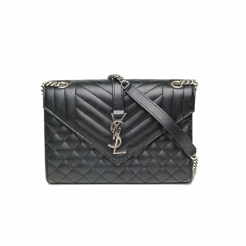 SAINT LAURENT Envelope絎縫紋理信封包中號黑色牛皮銀扣