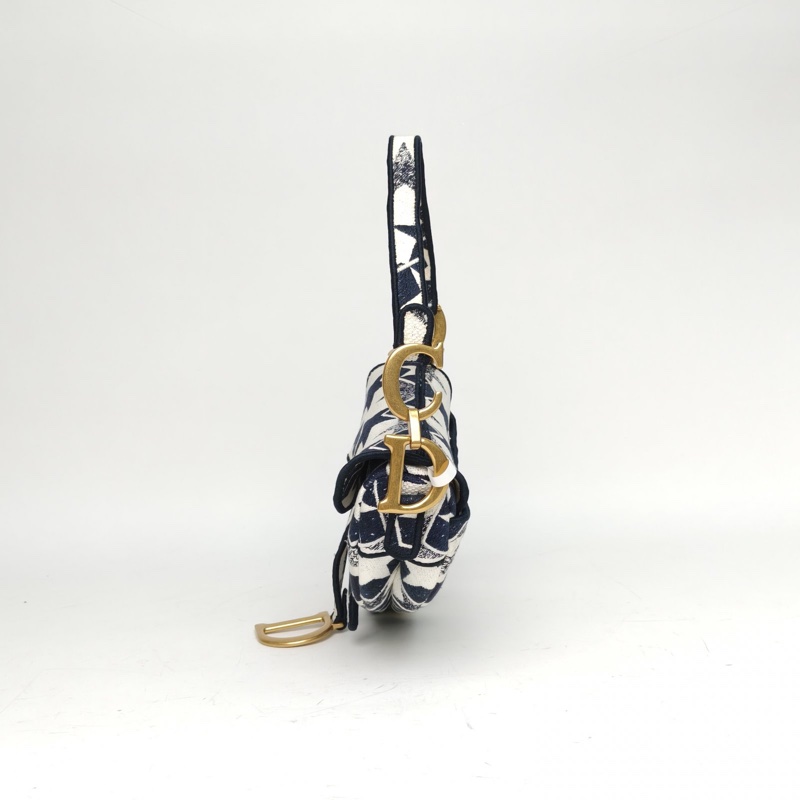 DIOR SADDLE馬鞍中號25.5無肩帶藍色帆布金扣-1