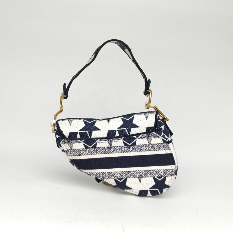 DIOR SADDLE馬鞍中號25.5無肩帶藍色帆布金扣-2