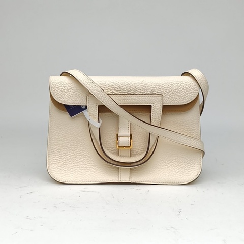 HERMES Halzan25雙提手單肩包奶油白拼新餅乾色TC皮U刻金扣