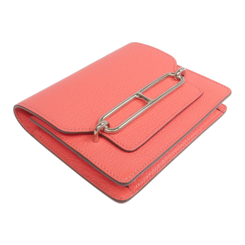 HERMES Chevre皮革Roulis Slim Wallet銀扣錢包Rose Texas-3