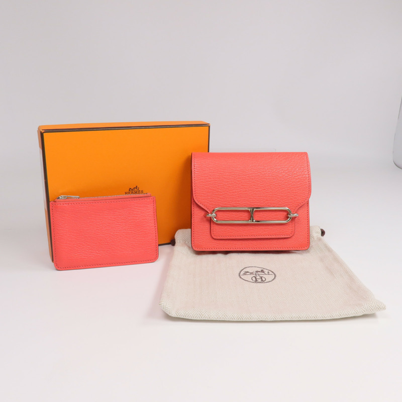 HERMES Chevre皮革Roulis Slim Wallet銀扣錢包Rose Texas-15