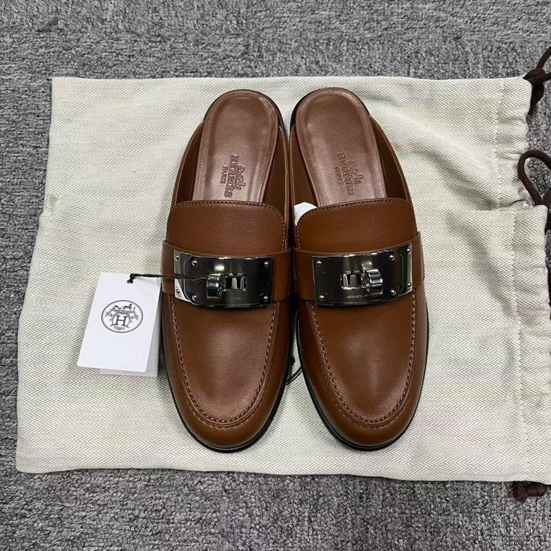閒置未使用 Hermès愛馬仕 棕色皮革簡約舒適包頭拖鞋 Size:36 碼-1