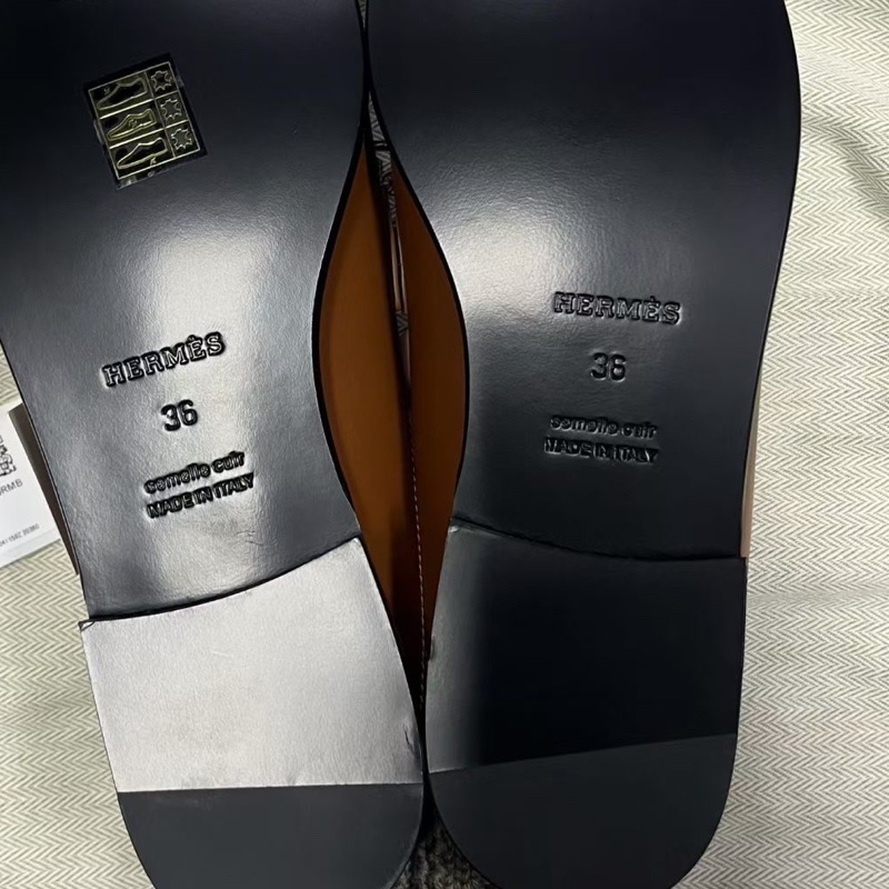 閒置未使用 Hermès愛馬仕 棕色皮革簡約舒適包頭拖鞋 Size:36 碼-4