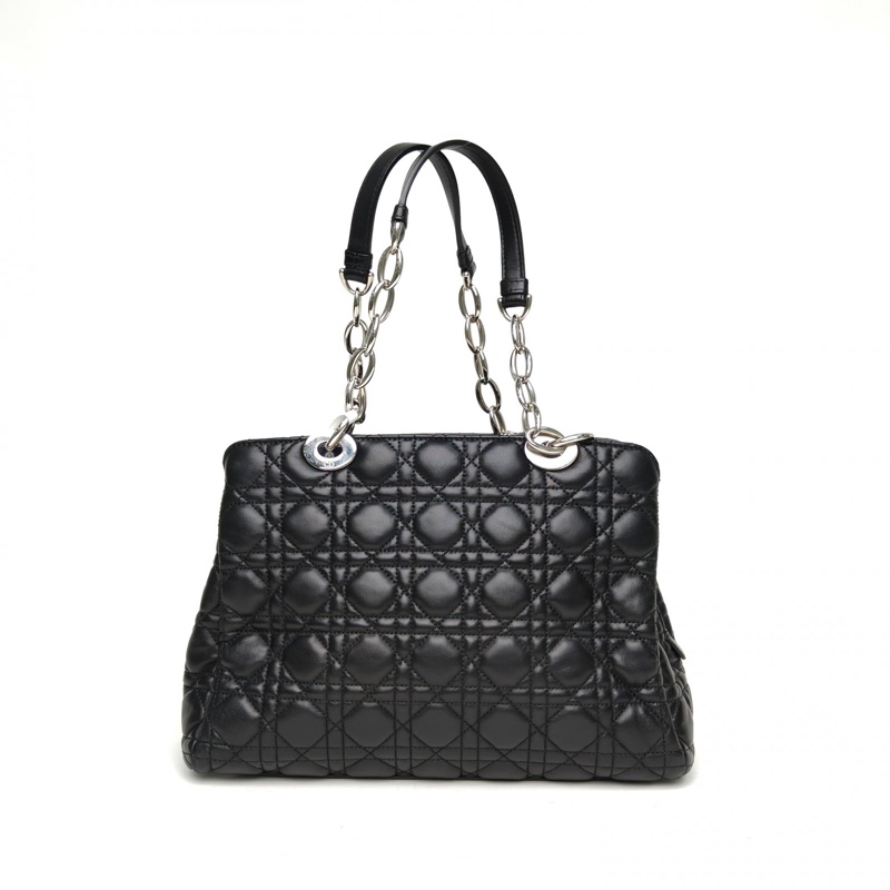 DIOR 黑色羊皮銀扣2013七格戴妃包鏈條托特包-2