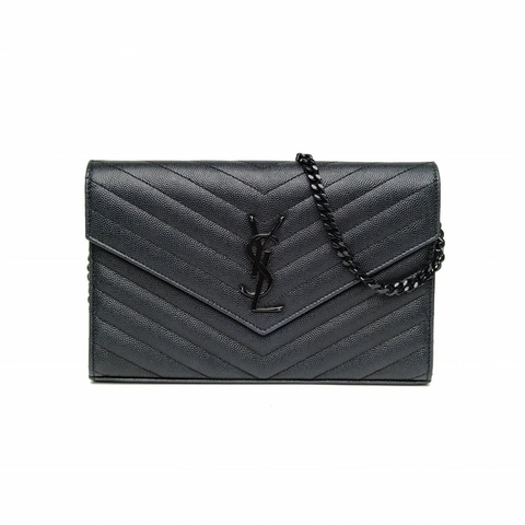 SAINT LAURENT CASSANDRA信封鏈條包V紋黑色荔枝牛皮黑扣