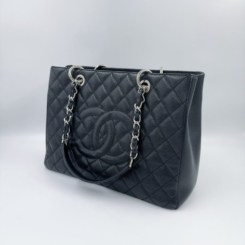 Chanel黑色荔枝牛皮銀釦托特包(稀有商品~~)-5